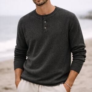 James Perse Men's Henley 100% Cashmere Charcoal Buttoned Knit Top Size 2 chic